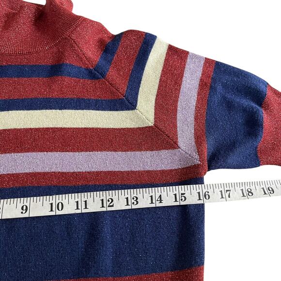 Zara Red Navy Striped Metallic Knit High Mock Neck Short Sleeve Sweater Size S - Picture 7 of 8